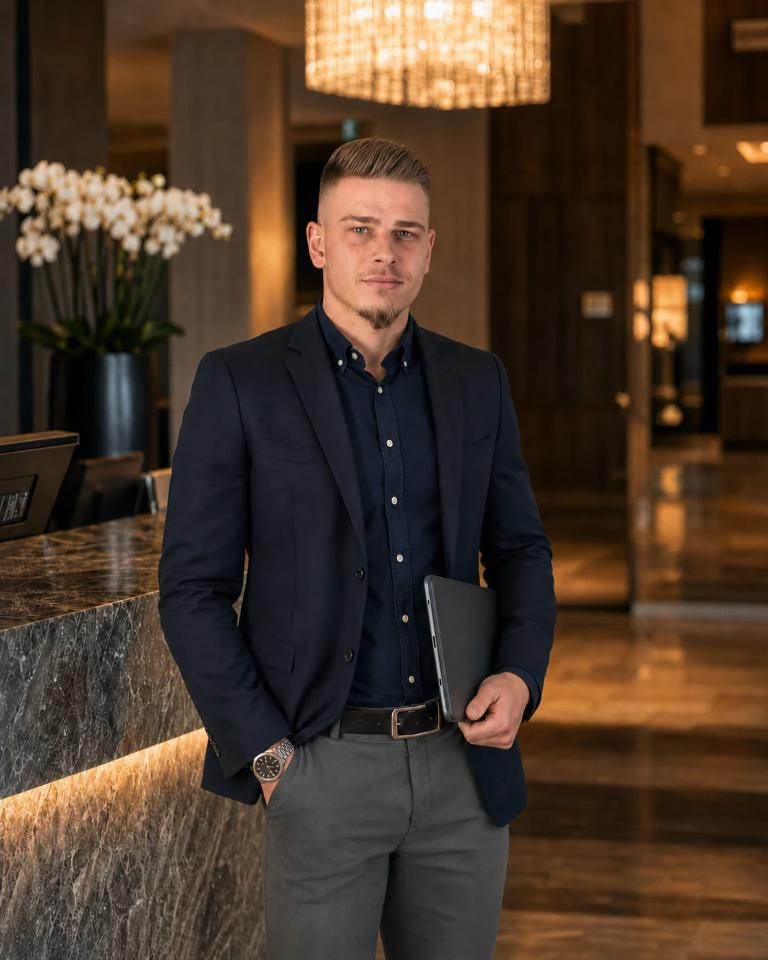 Marc Ebeling in professioneller Business-Kleidung in einem hochwertigen Hotelumfeld